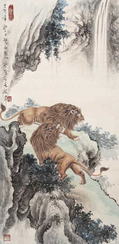 蔡鹤汀 1947年作 双狮图 立轴